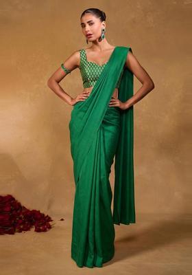 Emerald Green Brocade Pre Draped Saree Set