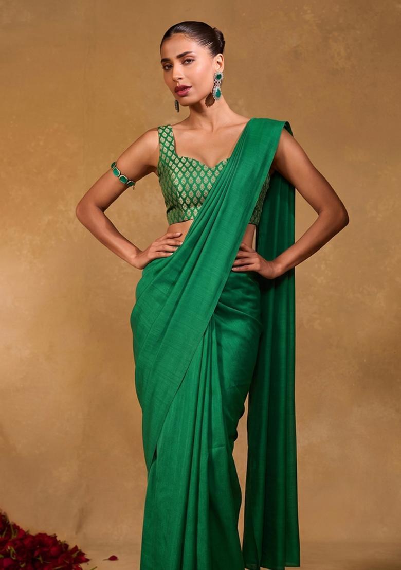 Emerald Green Brocade Pre Draped Saree Set - Indya