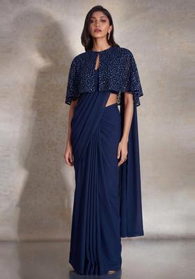 Navy Blue Sequin Net Pre Draped Saree Set