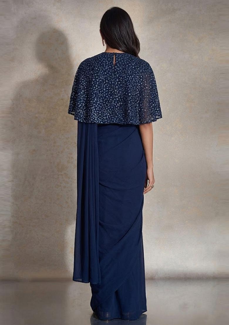 Navy Blue Sequin Net Pre Draped Saree Set - Indya