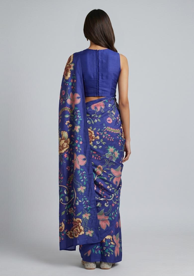 Dark Blue Floral Print Georgette Pre Draped Saree Set - Indya
