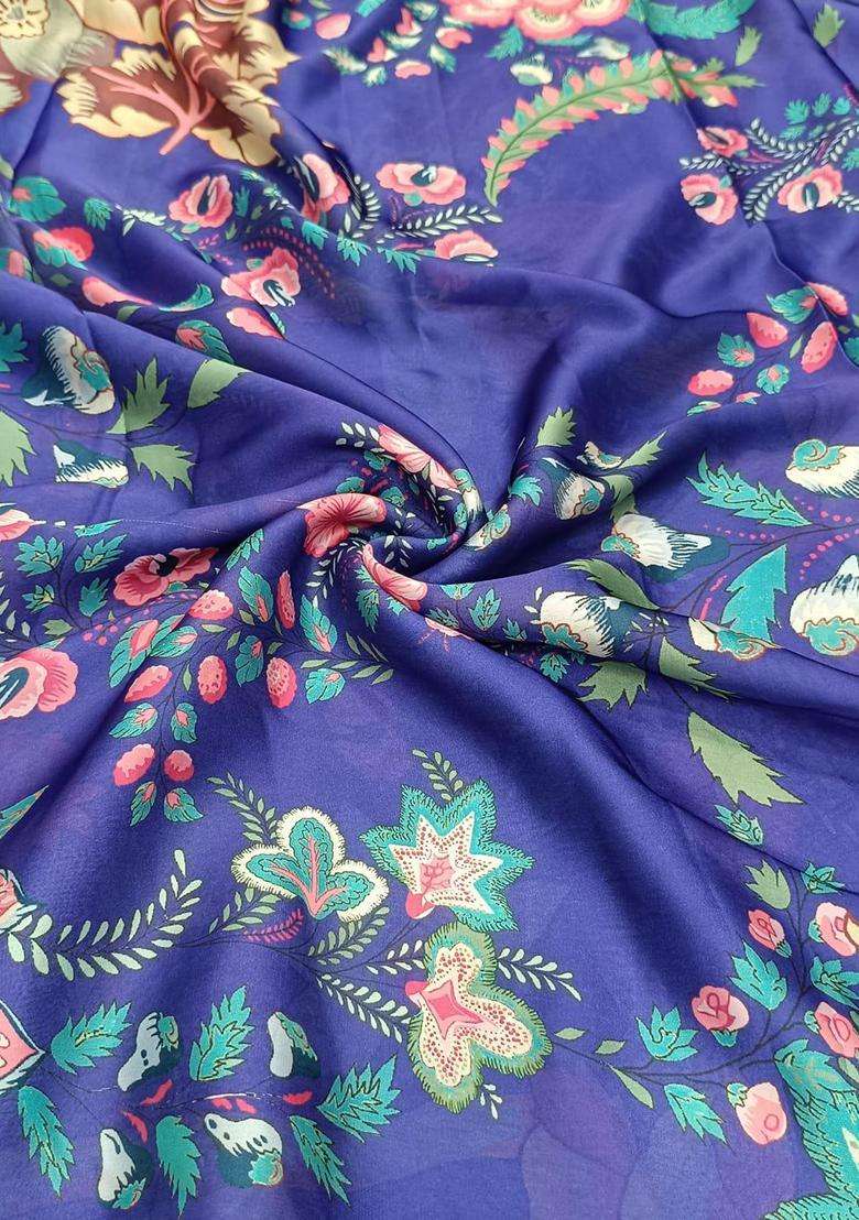 Dark Blue Floral Print Georgette Pre Draped Saree Set - Indya