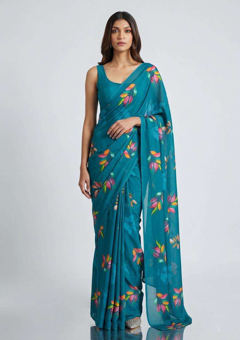 Teal Floral Print Georgette Pre Draped Saree Set - Indya