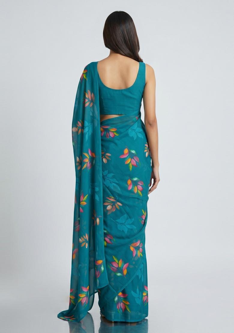 Teal Floral Print Georgette Pre Draped Saree Set - Indya