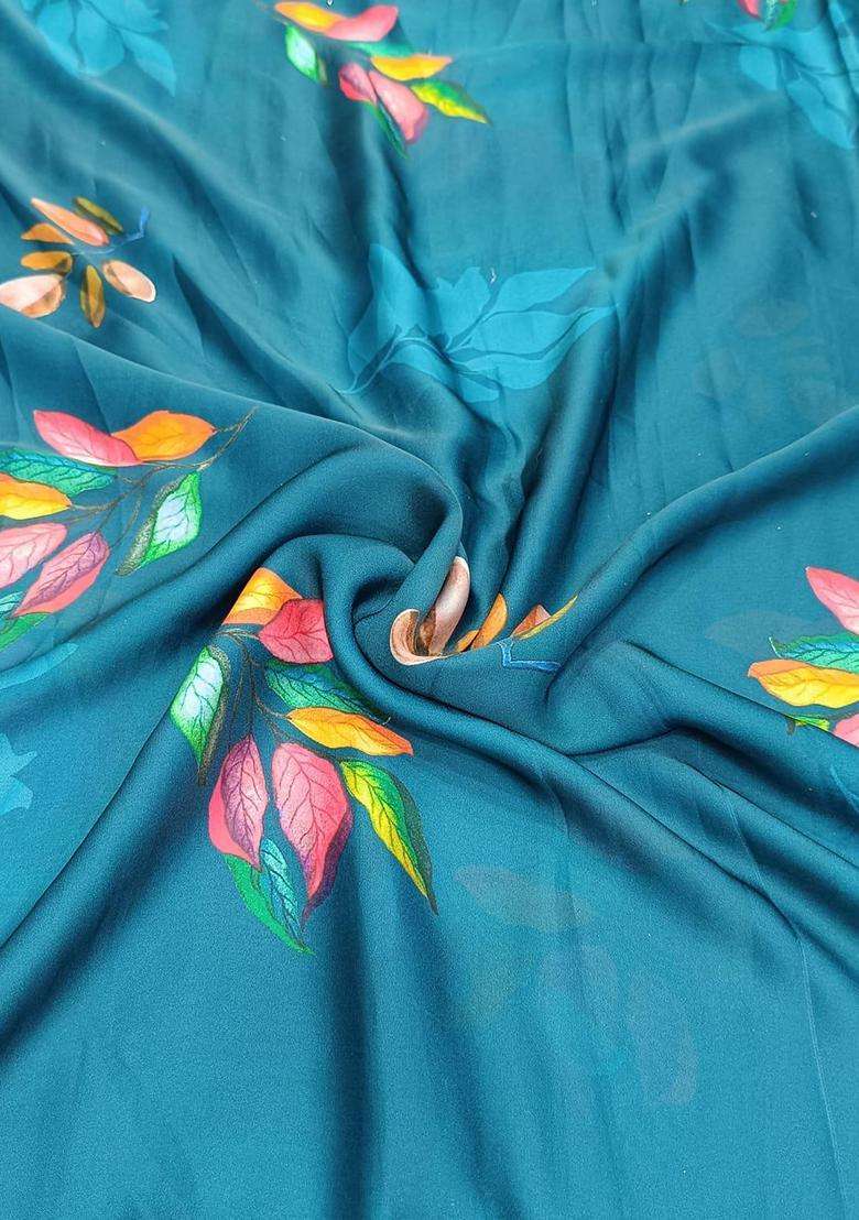 Teal Floral Print Georgette Pre Draped Saree Set - Indya
