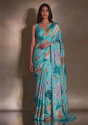 Light Blue Floral Print Georgette Pre Draped Saree Set