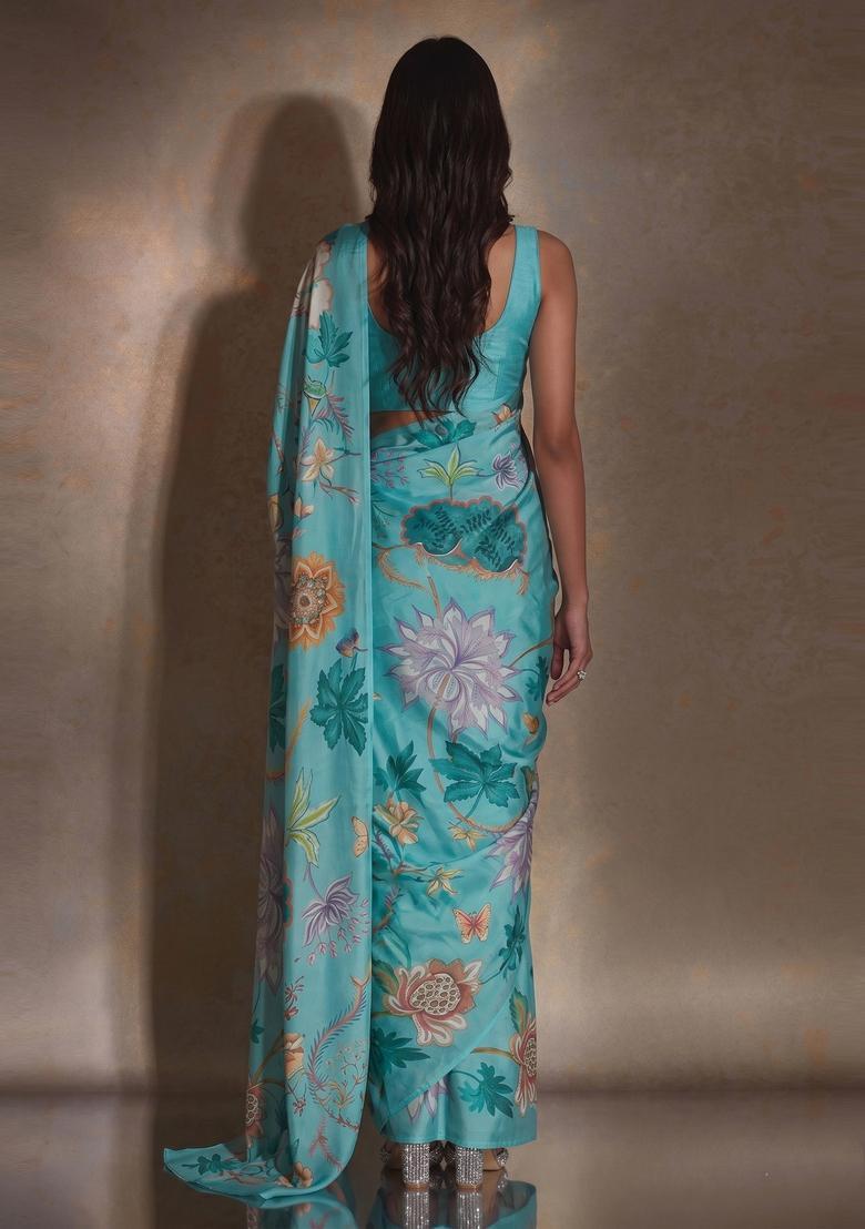 Light Blue Floral Print Georgette Pre Draped Saree Set - Indya