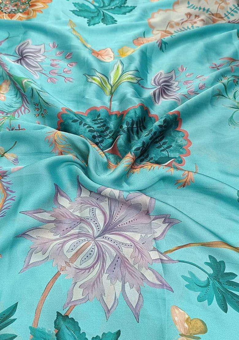 Light Blue Floral Print Georgette Pre Draped Saree Set - Indya