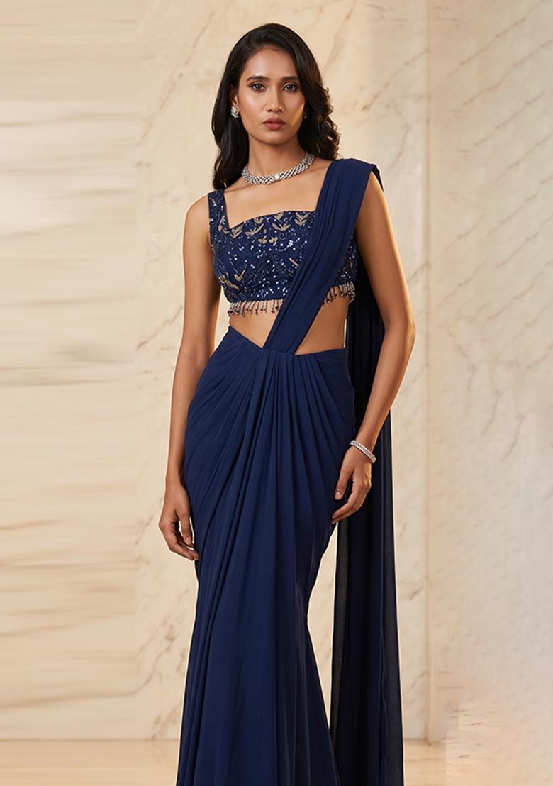 Navy Blue Embroidered Handwork Pre Draped Saree Set - Indya