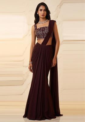 Deep Maroon Embroidered Handwork Pre Draped Saree Set