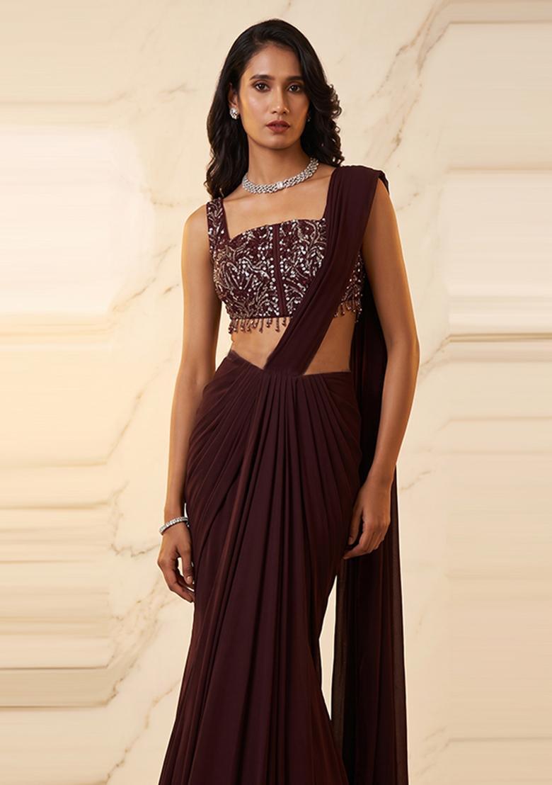 Deep Maroon Embroidered Handwork Pre Draped Saree Set - Indya