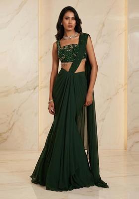 Dark Green Embroidered Handwork Pre Draped Saree Set