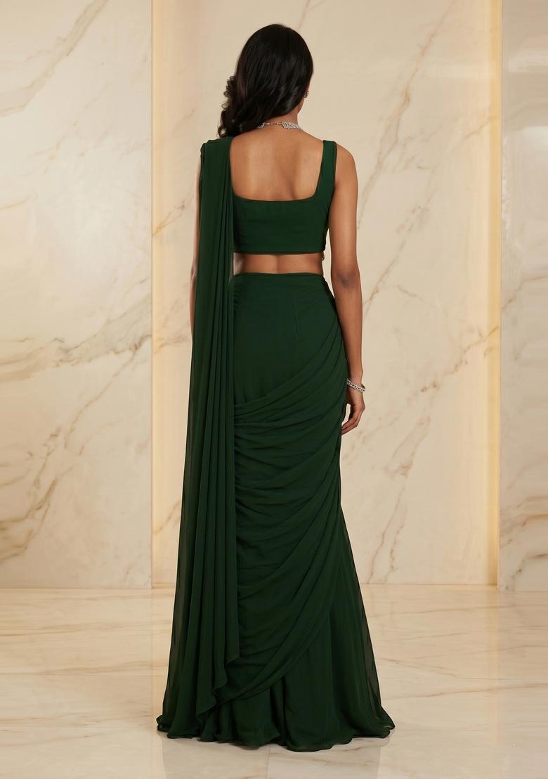 Dark Green Embroidered Handwork Pre Draped Saree Set - Indya