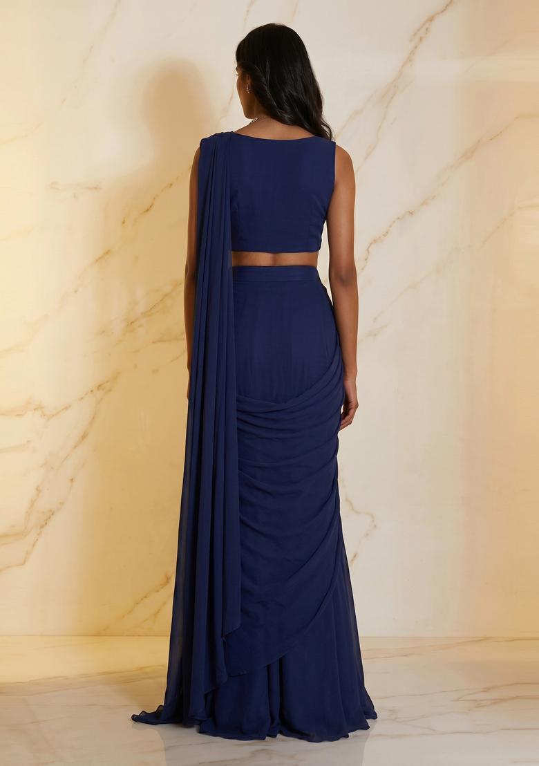 Navy Blue Embroidered Handwork Pre Draped Saree Set - Indya