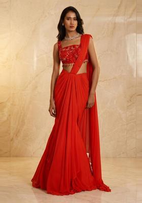 Bright Red Embroidered Handwork Pre Draped Saree Set