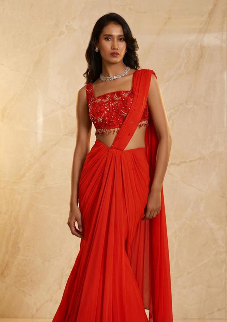 Bright Red Embroidered Handwork Pre Draped Saree Set - Indya