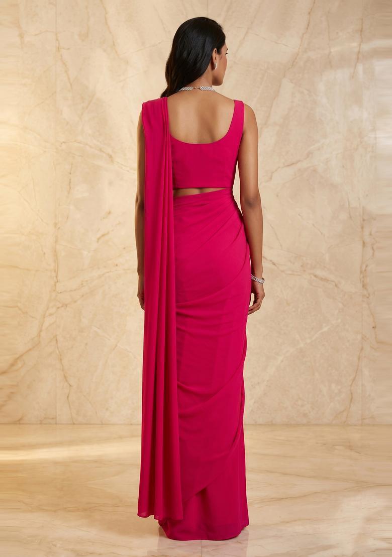 Magenta Pink Embroidered Handwork Pre Draped Saree Set - Indya