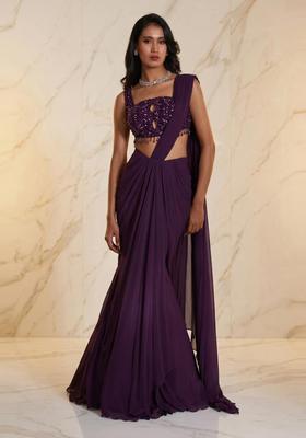 Deep Purple Embroidered Handwork Pre Draped Saree Set