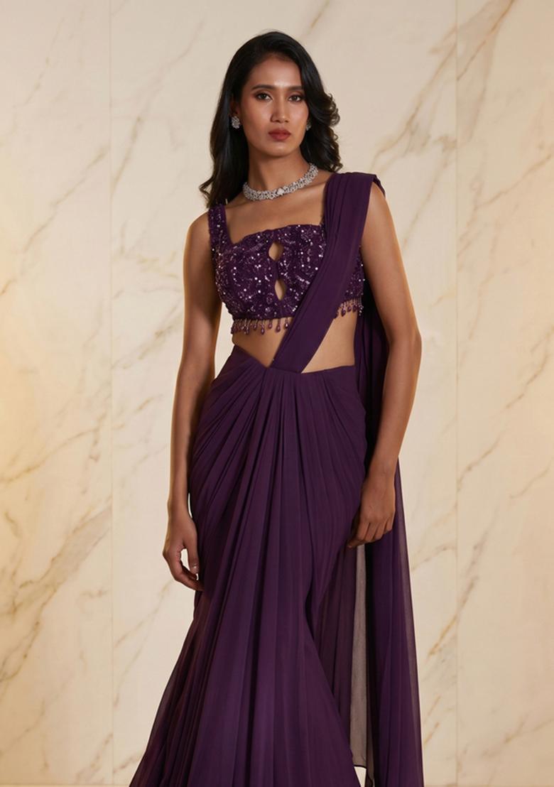 Deep Purple Embroidered Handwork Pre Draped Saree Set - Indya
