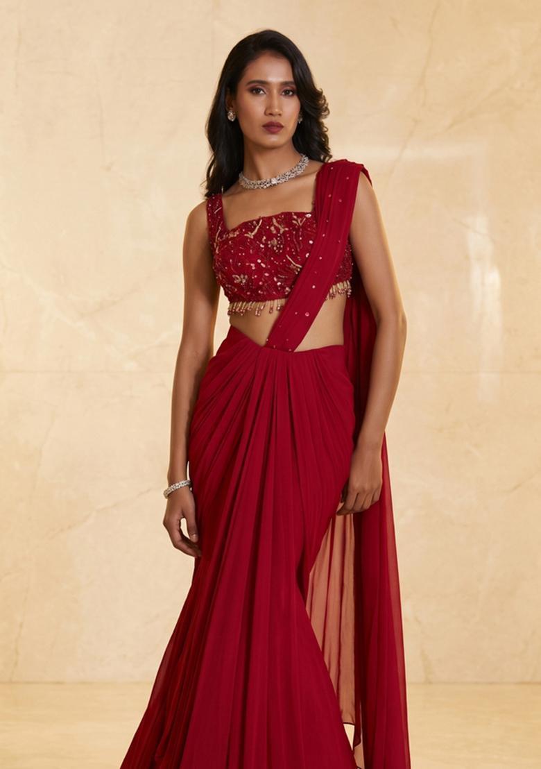 Maroon Embroidered Handwork Pre Draped Saree Set - Indya