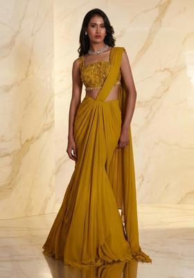 Mustard Embroidered Handwork Pre Draped Saree Set