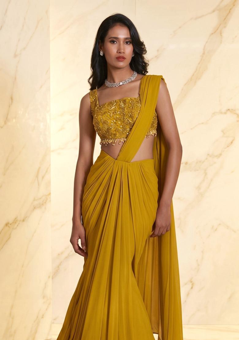 Mustard Embroidered Handwork Pre Draped Saree Set - Indya
