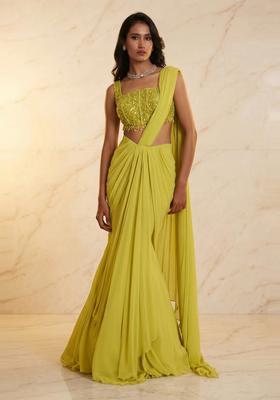 Lime Yellow Embroidered Handwork Pre Draped Saree Set