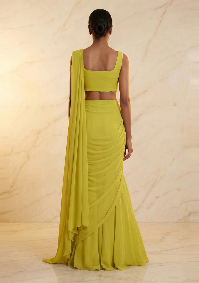 Lime Yellow Embroidered Handwork Pre Draped Saree Set - Indya