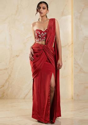 Crimson Red Embroidered Handwork Pre Draped Saree Set