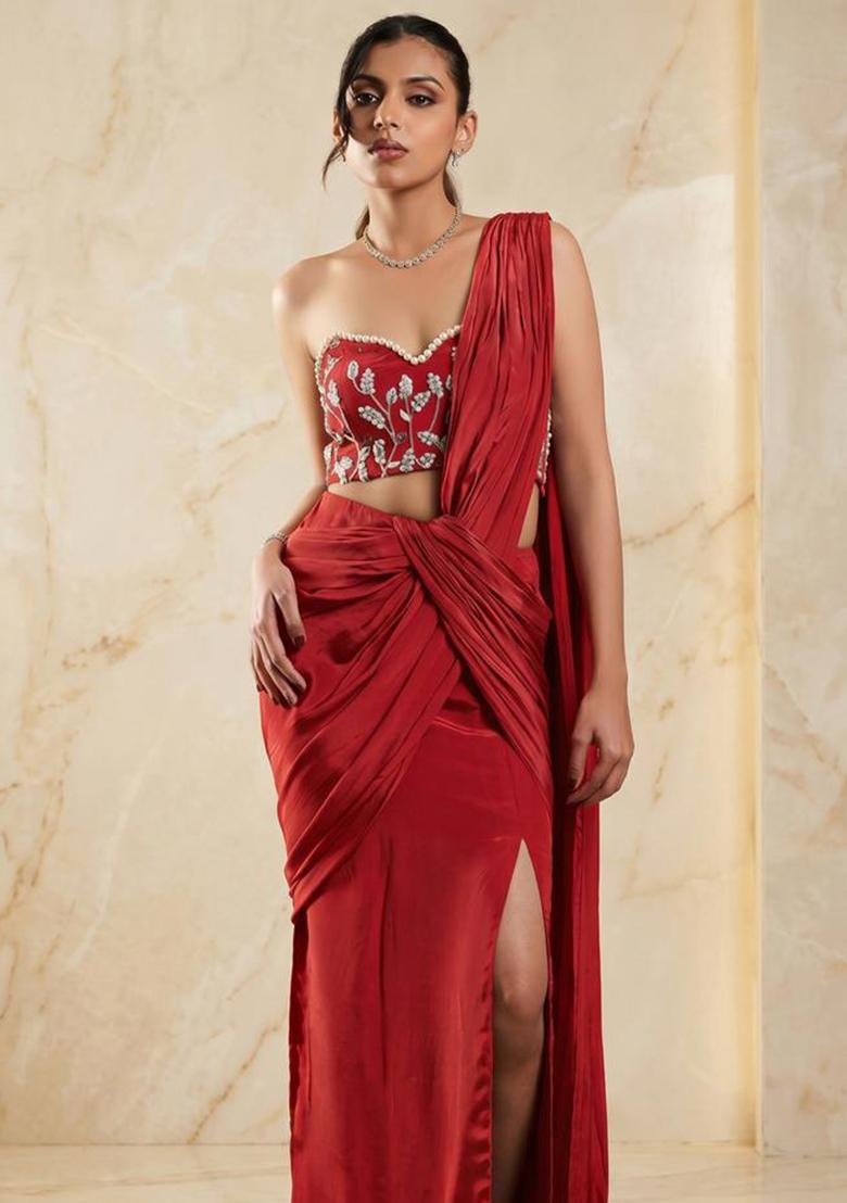 Crimson Red Embroidered Handwork Pre Draped Saree Set - Indya