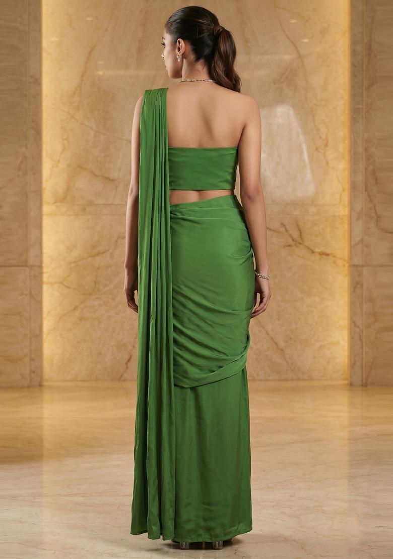 Leaf Green Embroidered Handwork Pre Draped Saree Set - Indya