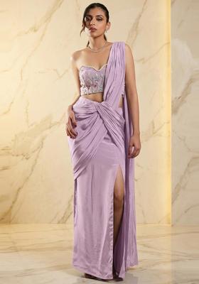 Light Lavender Embroidered Handwork Pre Draped Saree Set