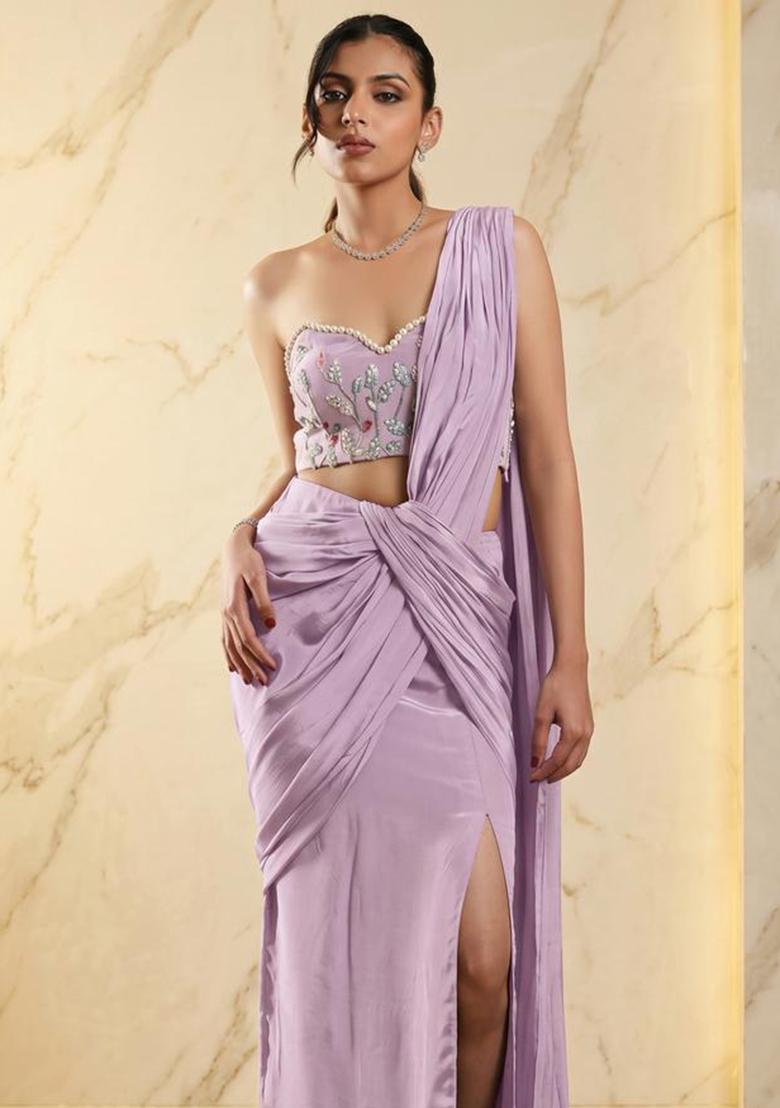 Light Lavender Embroidered Handwork Pre Draped Saree Set - Indya
