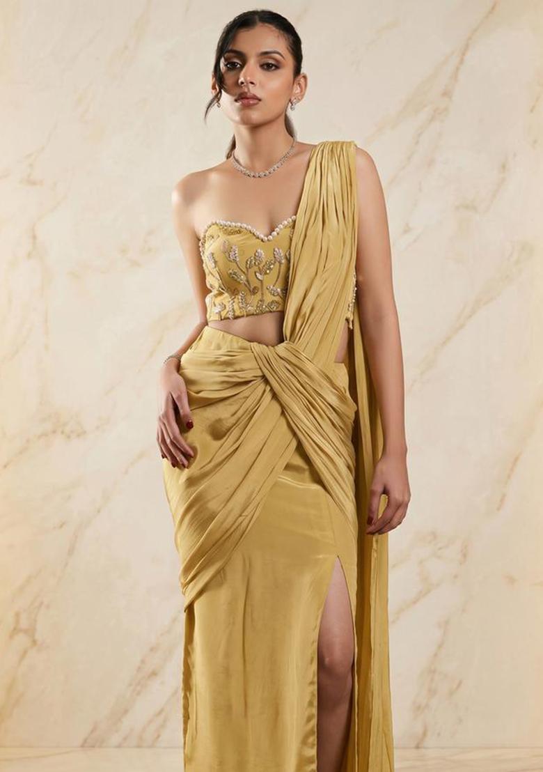 Mustard Embroidered Handwork Pre Draped Saree Set - Indya