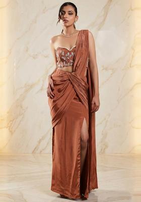 Rust Brown Embroidered Handwork Pre Draped Saree Set