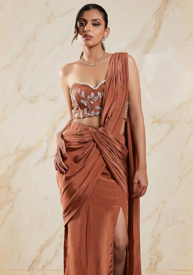Rust Brown Embroidered Handwork Pre Draped Saree Set - Indya