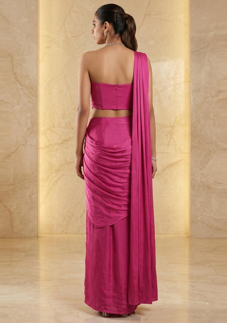 Magenta Embroidered Handwork Pre Draped Saree Set - Indya