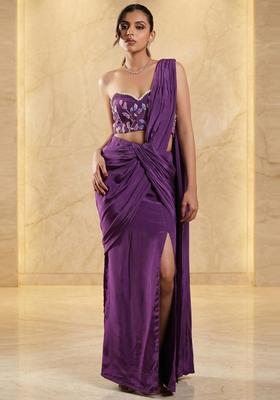 Deep Purple Embroidered Handwork Pre Draped Saree Set