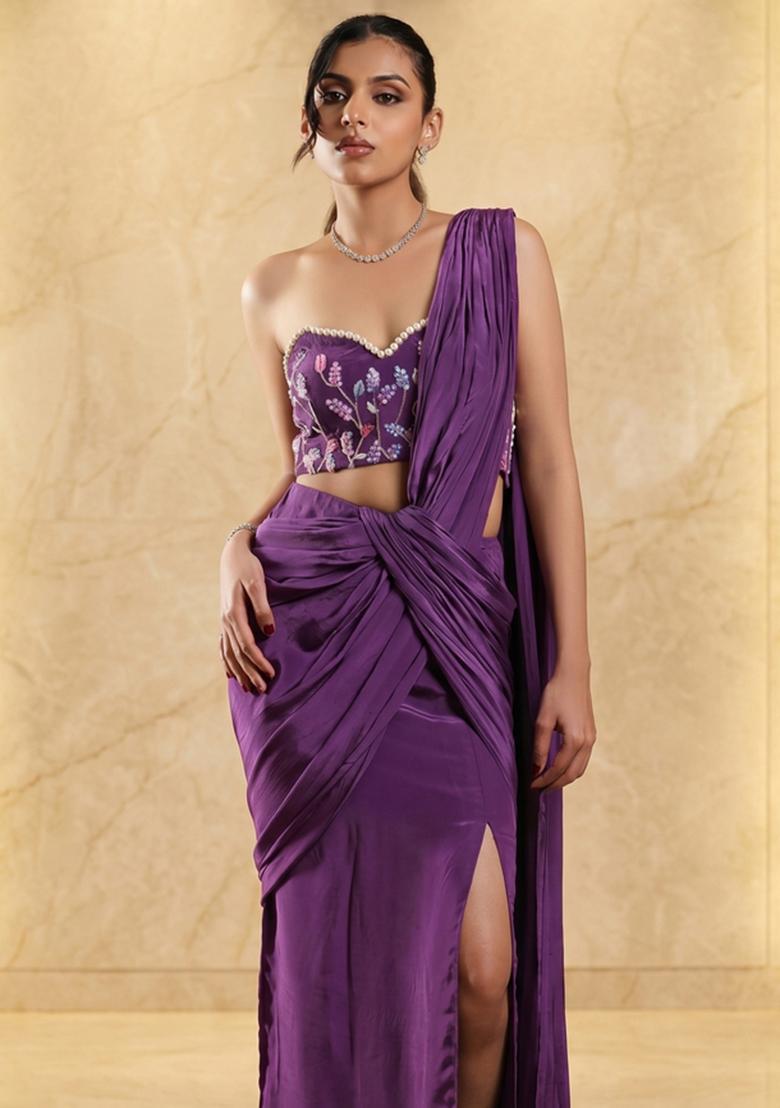 Deep Purple Embroidered Handwork Pre Draped Saree Set - Indya
