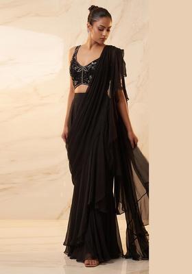 Black Embroidered Handwork Pre Draped Saree Set