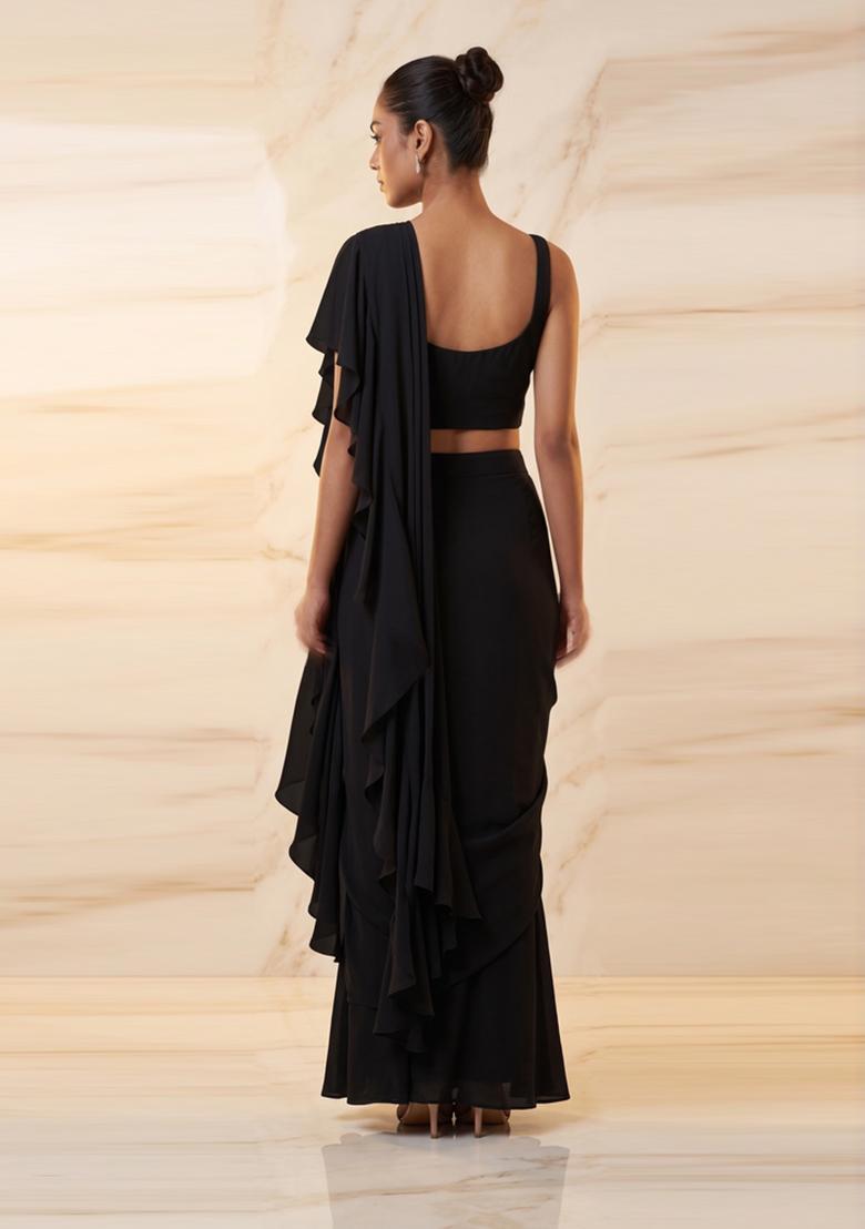 Black Embroidered Handwork Pre Draped Saree Set - Indya