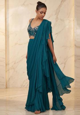 Deep Teal Embroidered Handwork Pre Draped Saree Set