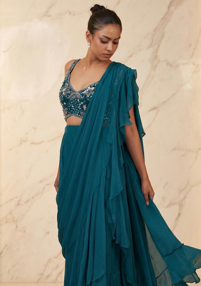 Deep Teal Embroidered Handwork Pre Draped Saree Set - Indya