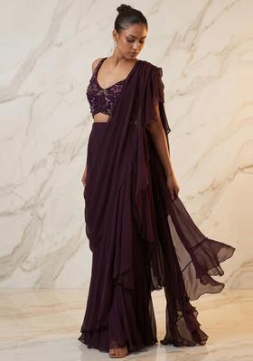 Deep Plum Embroidered Handwork Pre Draped Saree Set