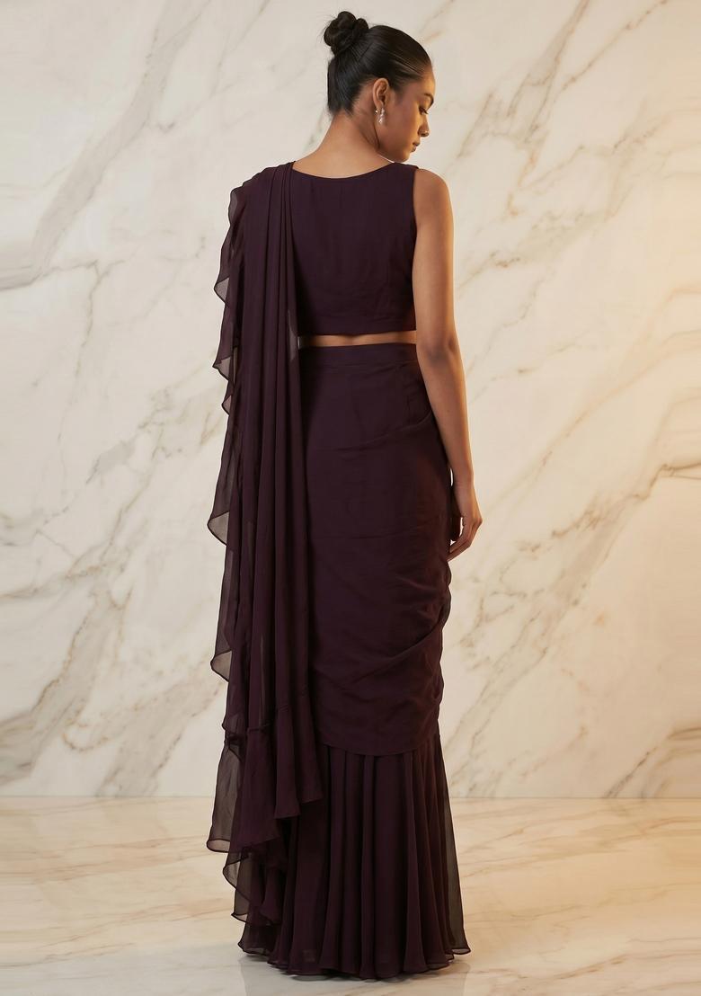 Deep Plum Embroidered Handwork Pre Draped Saree Set - Indya