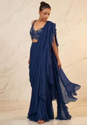 Navy Blue Embroidered Handwork Pre Draped Saree Set