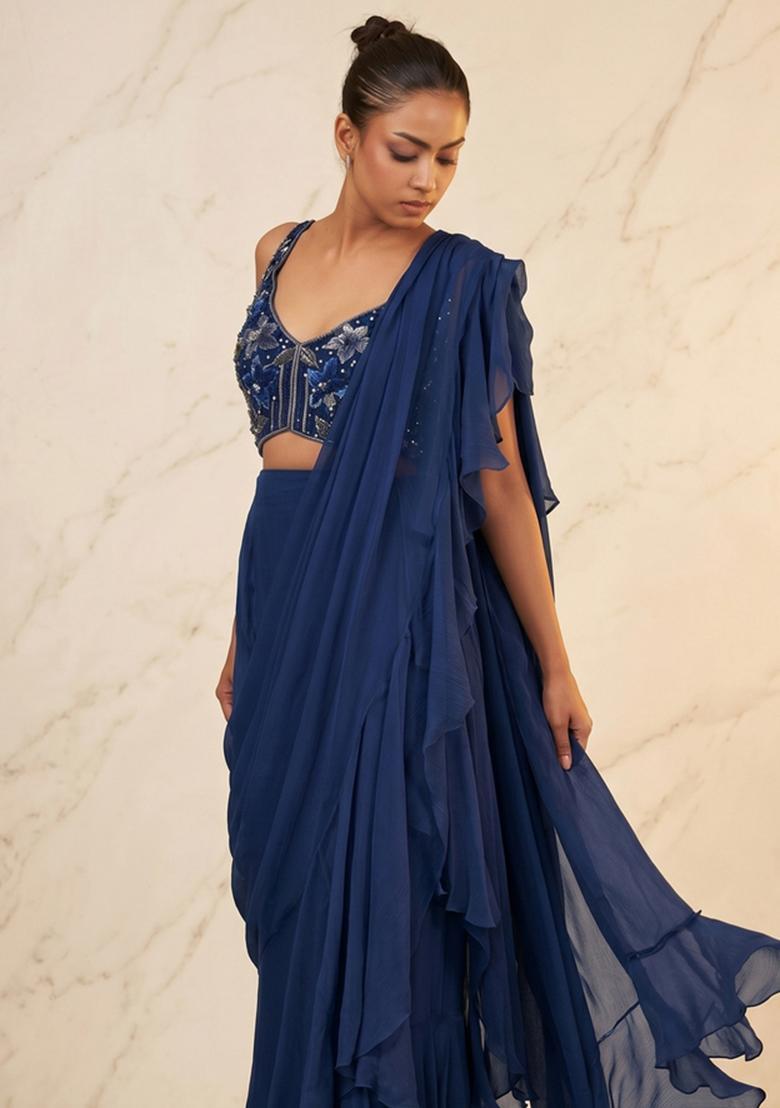 Navy Blue Embroidered Handwork Pre Draped Saree Set - Indya