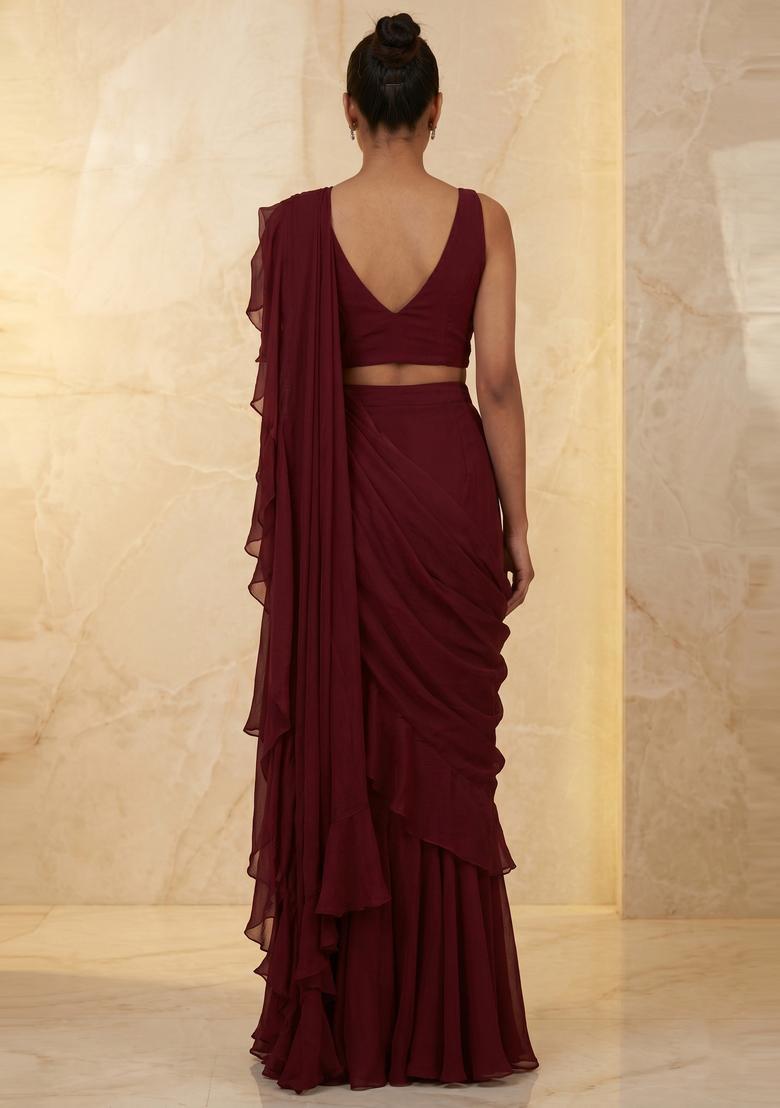 Maroon Embroidered Handwork Pre Draped Saree Set - Indya