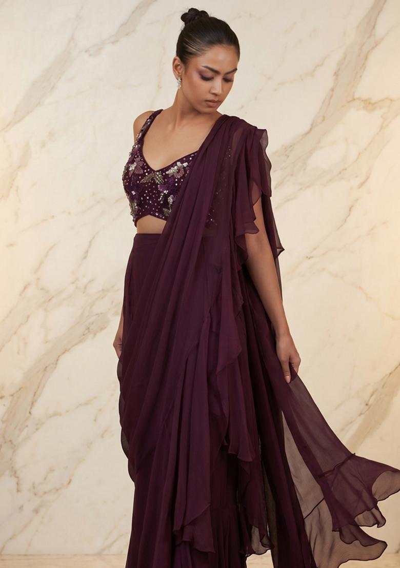 Deep Plum Embroidered Handwork Pre Draped Saree Set - Indya