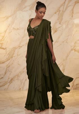 Olive Green Embroidered Handwork Pre Draped Saree Set